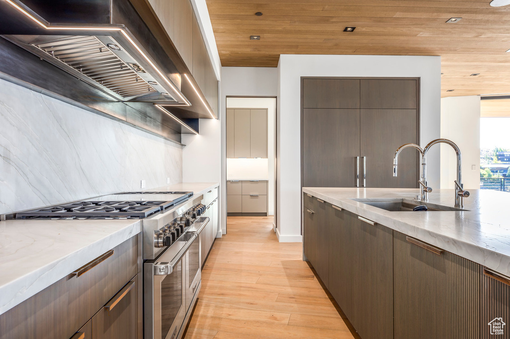 Kitchen featuring high end stove, a sink, wall chimney range hood, light wood-style flooring, and wood ceiling