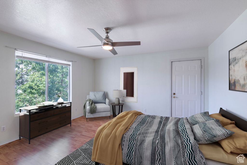 Bedroom with hardwood / wood-style floors and ceiling fan