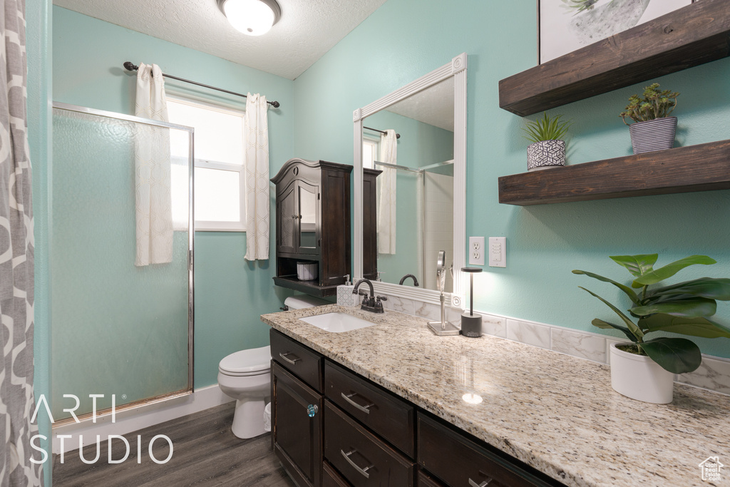 Bathroom featuring toilet, a textured ceiling, hardwood / wood-style flooring, vanity, and walk in shower