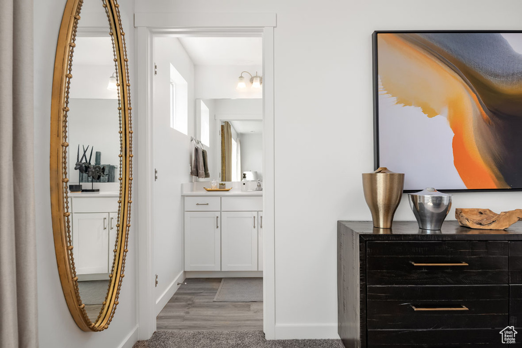 Bathroom featuring wood-type flooring and vanity