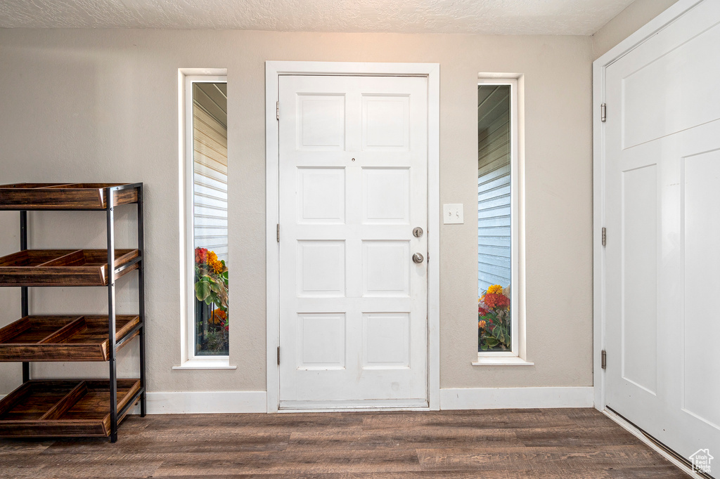 Foyer with dark hardwood / wood-style flooring and a textured ceiling