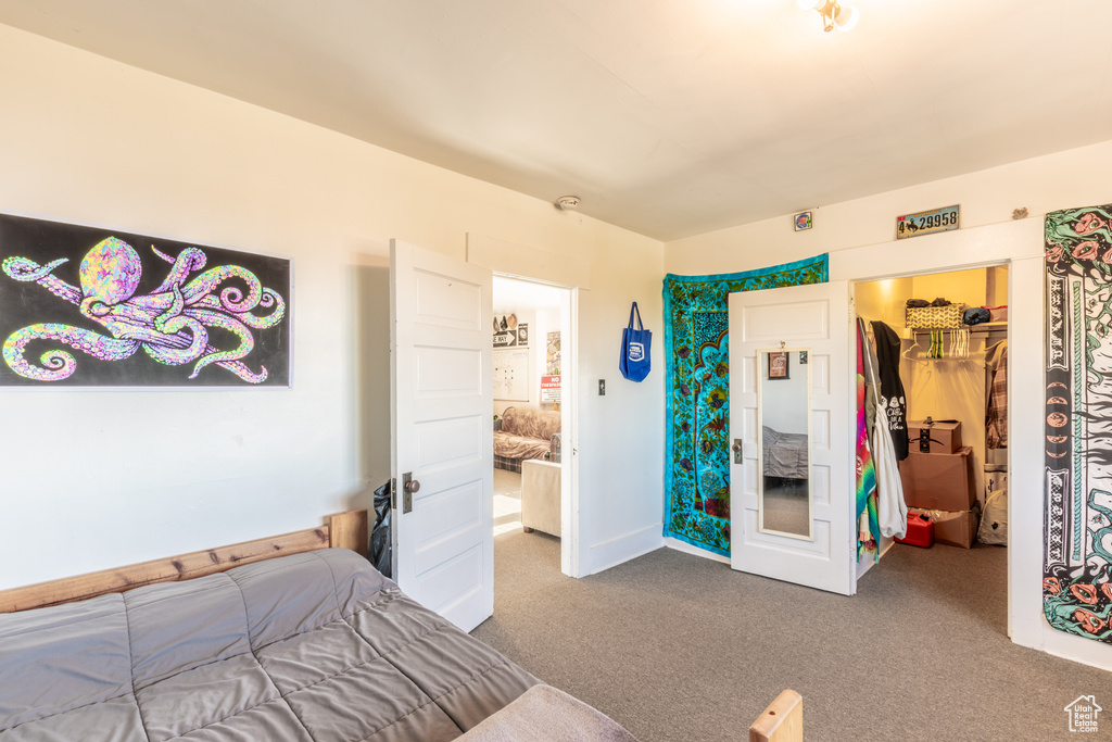 Bedroom featuring a closet, a walk in closet, and carpet floors