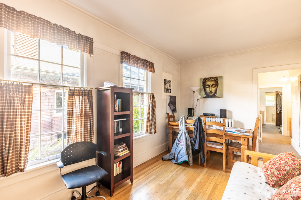 Interior space with light hardwood / wood-style flooring and crown molding