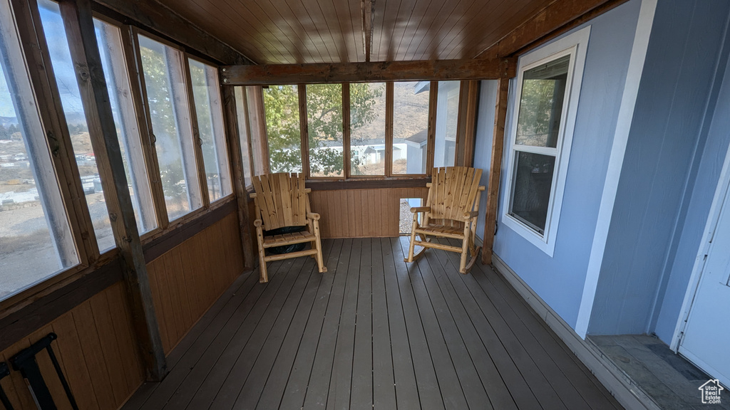 Sunroom / solarium with wood ceiling