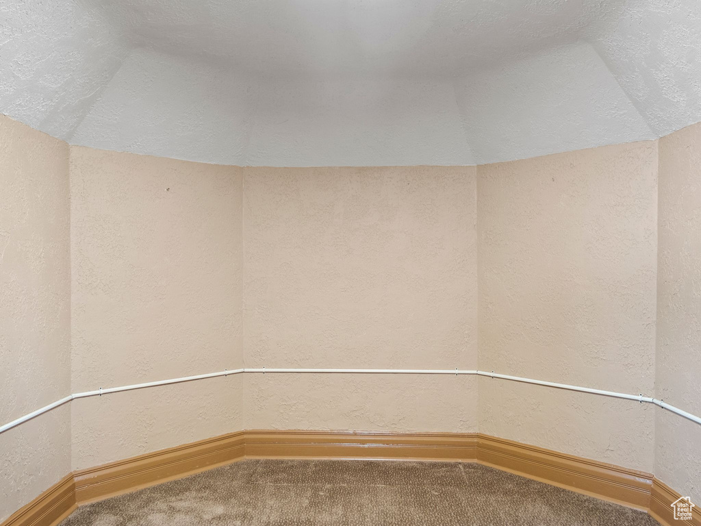 Spare room featuring carpet flooring, a textured ceiling, and vaulted ceiling