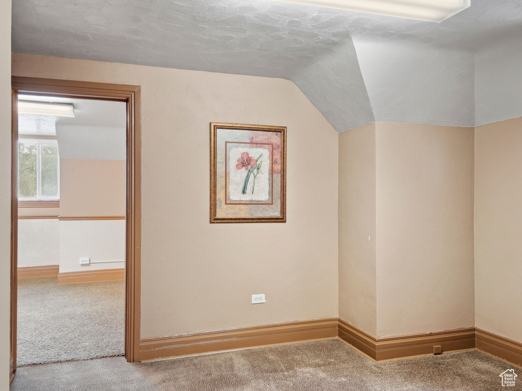 Bonus room with carpet floors, a textured ceiling, and lofted ceiling