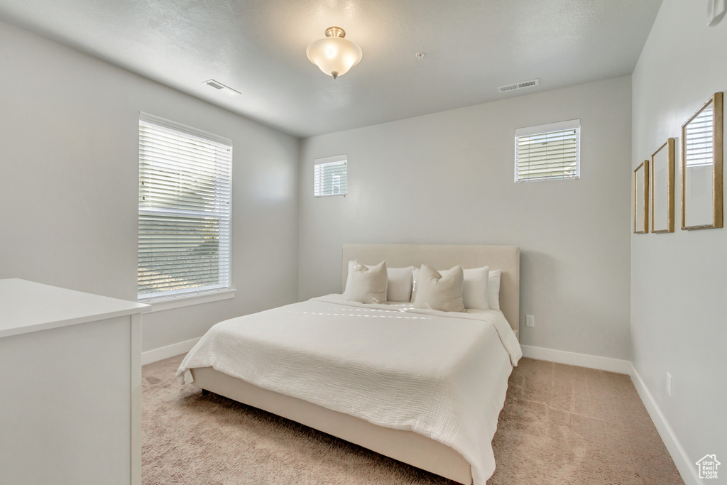 Bedroom with multiple windows and light colored carpet