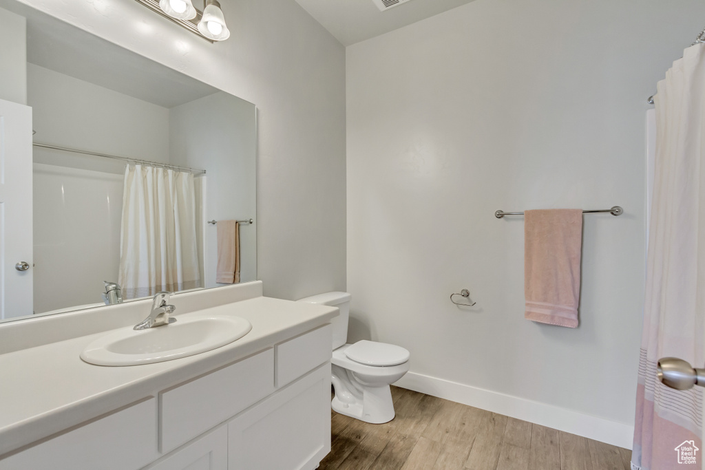 Bathroom featuring toilet, vanity, and wood-type flooring