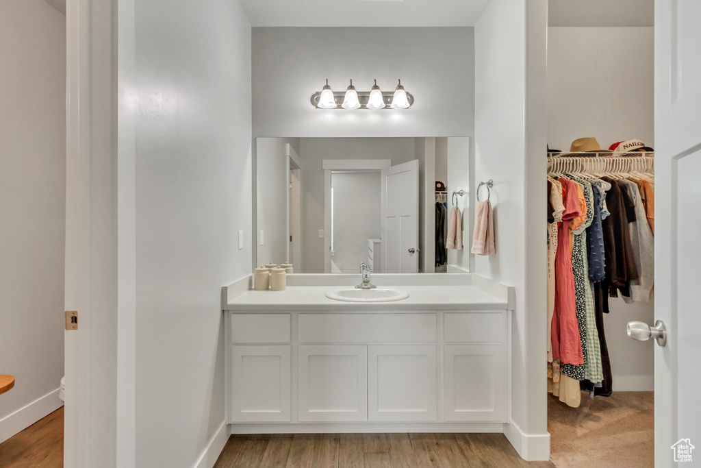 Bathroom featuring wood-type flooring and vanity