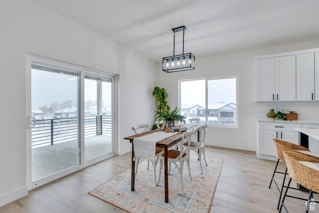 Dining room with light hardwood / wood-style flooring