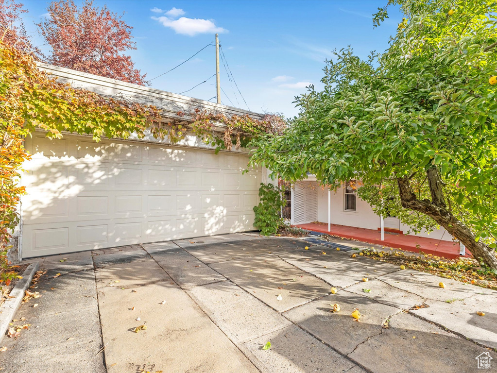 Exterior space with a garage