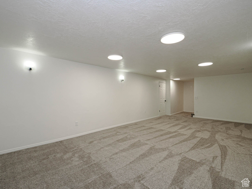 Basement with carpet and a textured ceiling