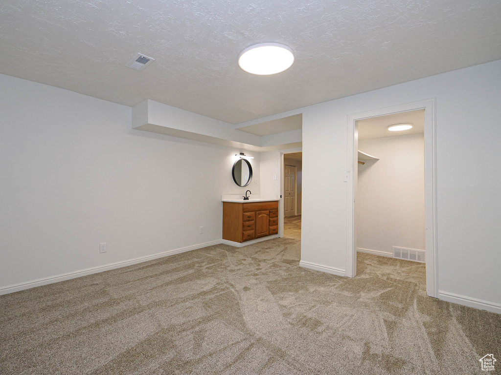 Basement featuring sink, a textured ceiling, and light carpet