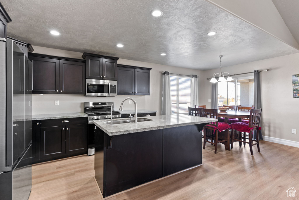 Kitchen with a center island with sink, light wood-type flooring, appliances with stainless steel finishes, hanging light fixtures, and sink