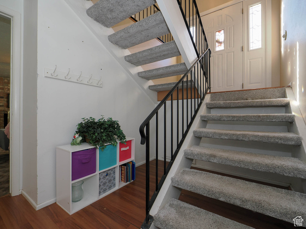 Stairs featuring hardwood / wood-style flooring