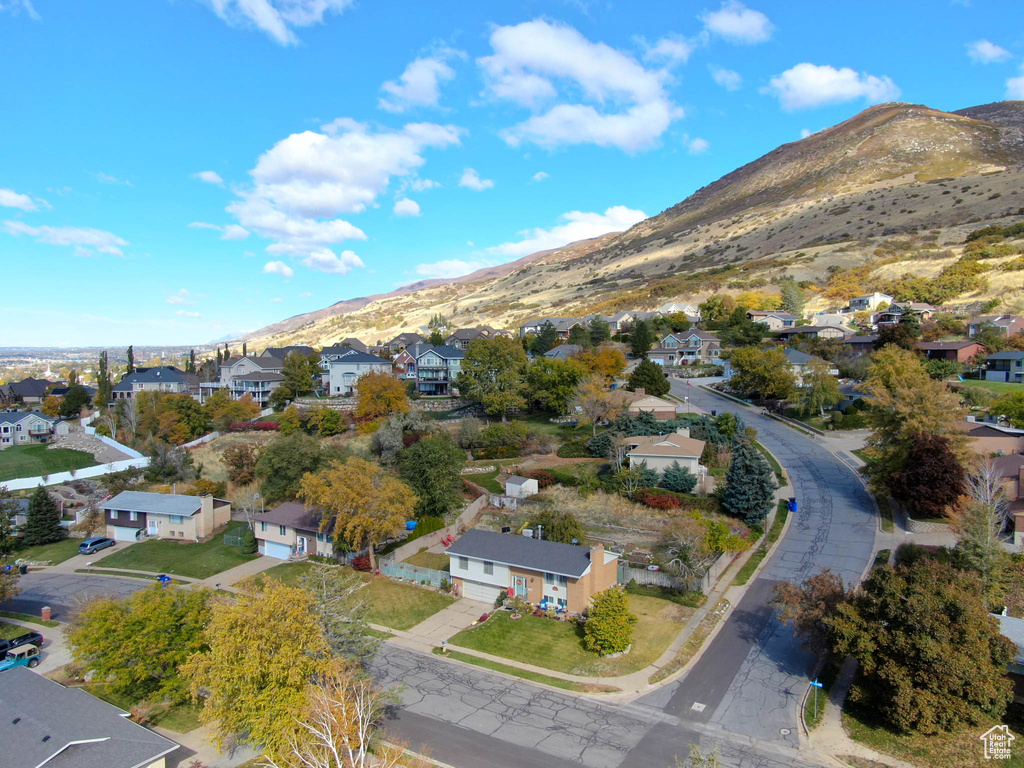 Aerial view featuring a mountain view