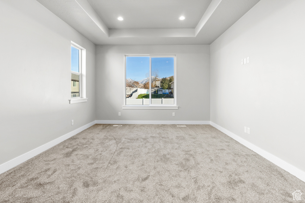 Empty room featuring a raised ceiling and light colored carpet