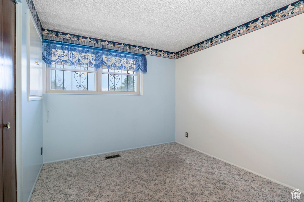 Carpeted spare room featuring a textured ceiling