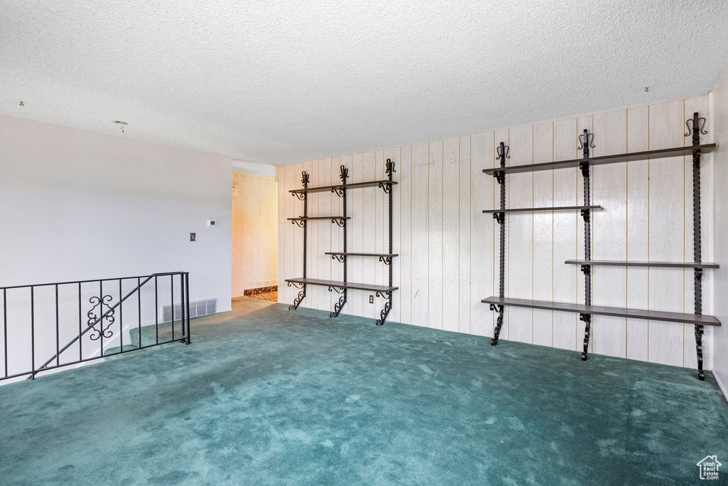 Carpeted empty room with wood walls and a textured ceiling