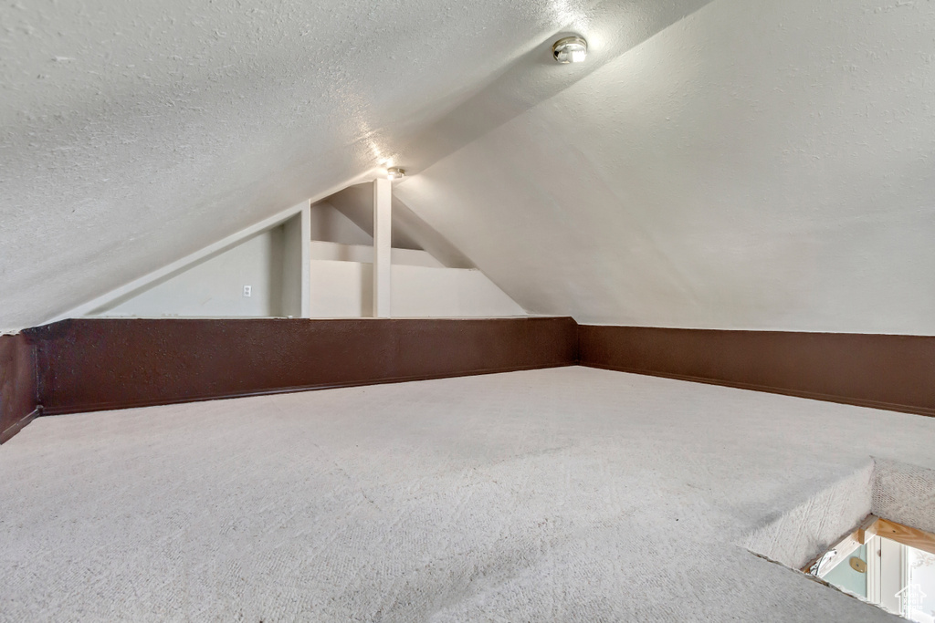 Bonus room featuring a textured ceiling, vaulted ceiling, and carpet