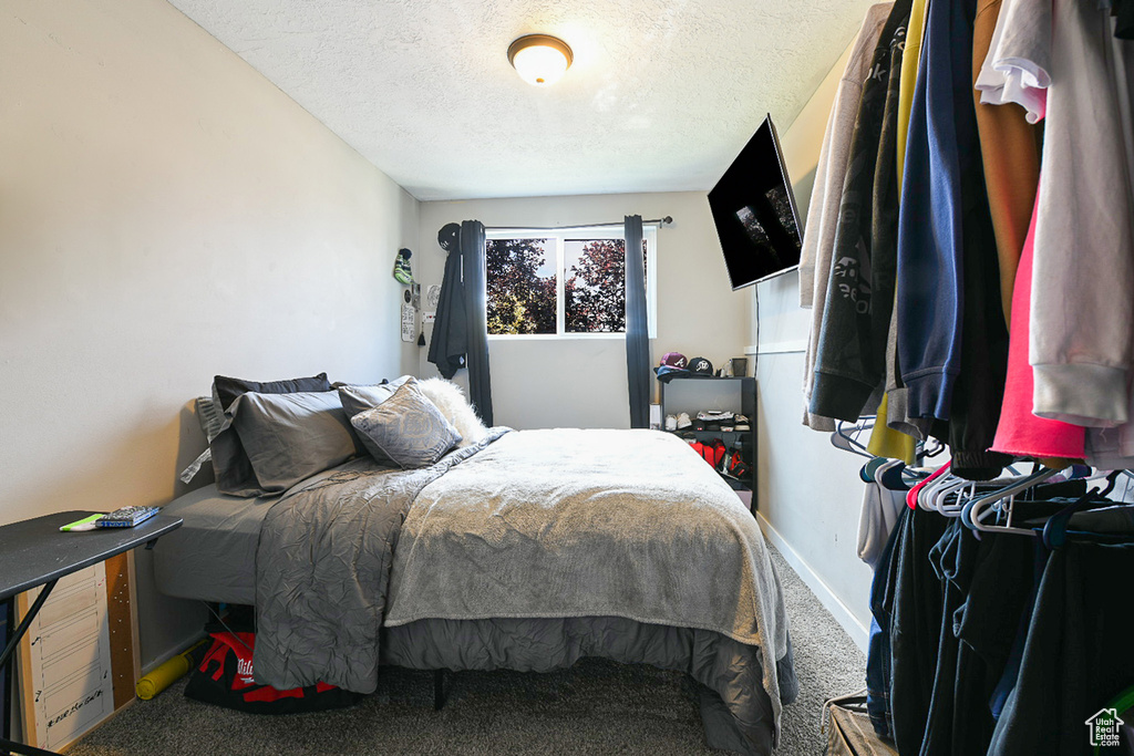 Carpeted bedroom with a textured ceiling