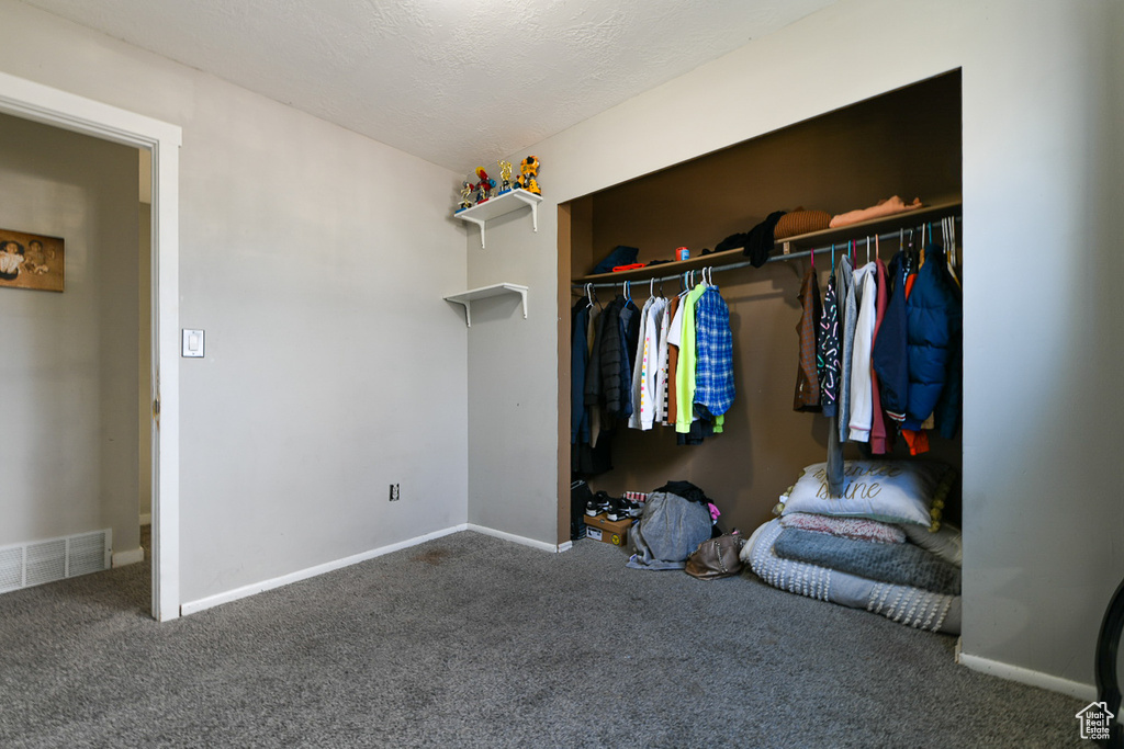 Interior space with a closet, a textured ceiling, and carpet floors