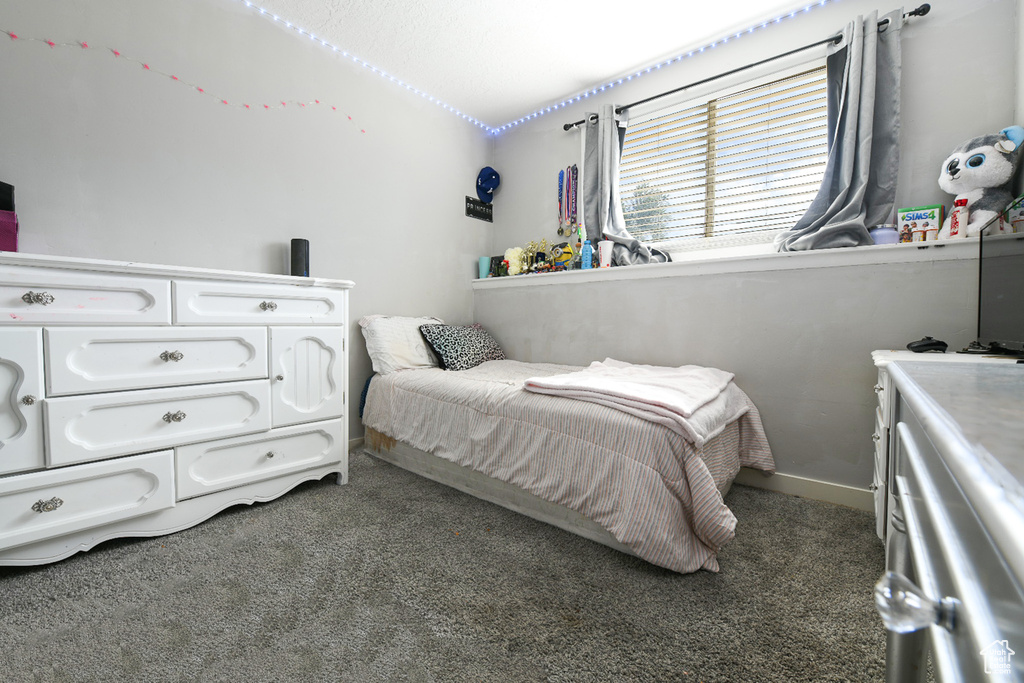 Bedroom featuring dark colored carpet and vaulted ceiling