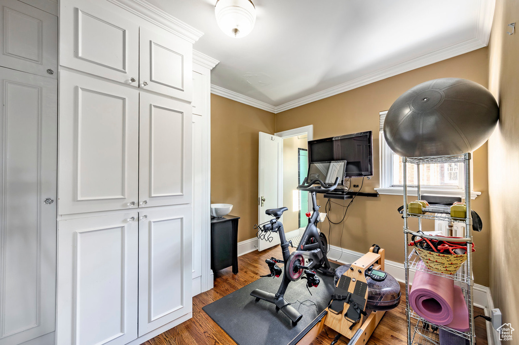 Workout room with light hardwood / wood-style flooring and ornamental molding