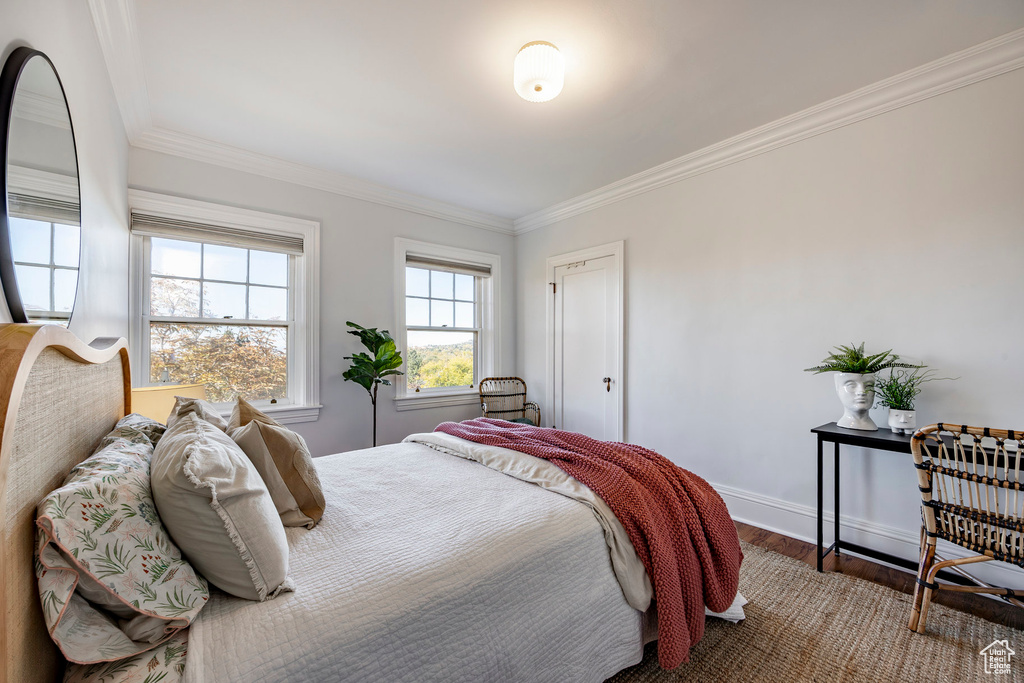 Bedroom with ornamental molding and hardwood / wood-style floors