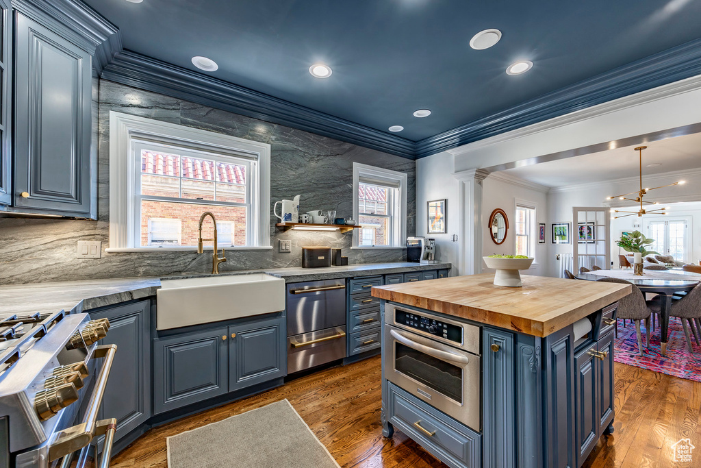 Kitchen with dark hardwood / wood-style flooring, plenty of natural light, and appliances with stainless steel finishes