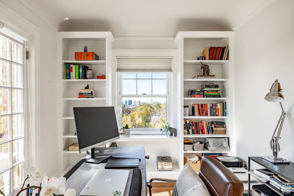 Office area featuring hardwood / wood-style flooring, ornamental molding, and a healthy amount of sunlight