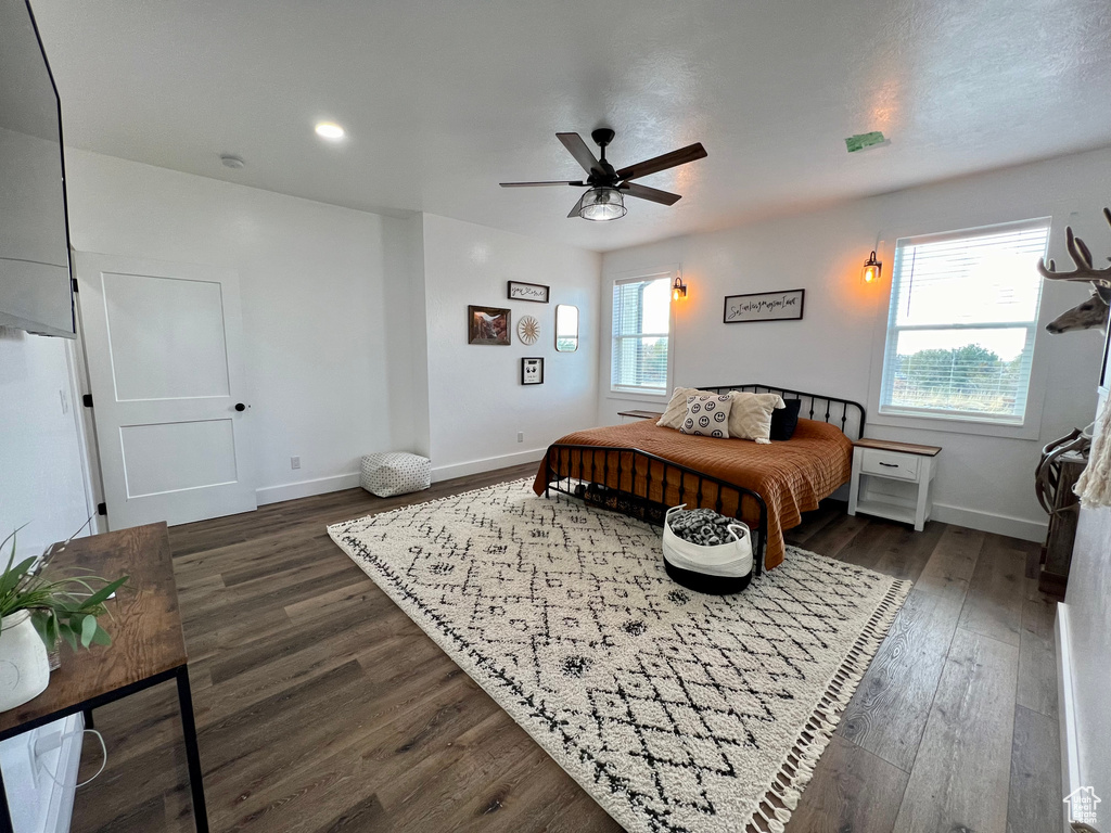 Bedroom with dark wood-type flooring, ceiling fan, and multiple windows