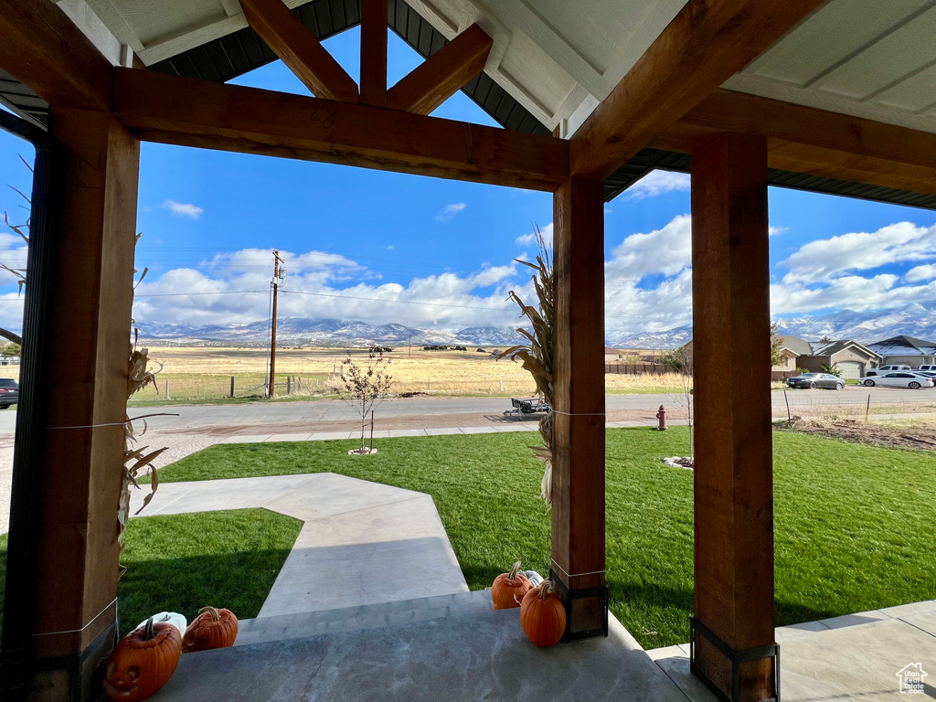 View of yard with a gazebo and a mountain view