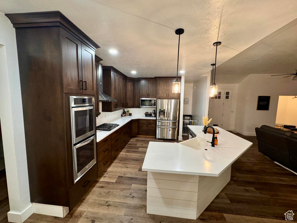 Kitchen featuring stainless steel appliances, light wood-type flooring, hanging light fixtures, sink, and an island with sink