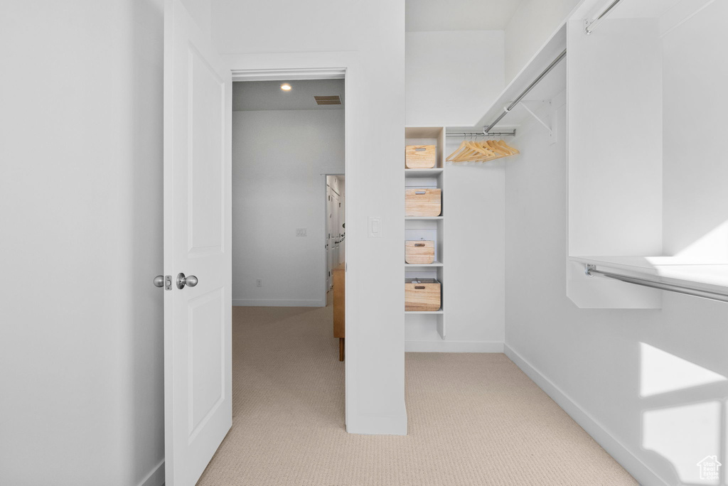 Walk in closet with light colored carpet