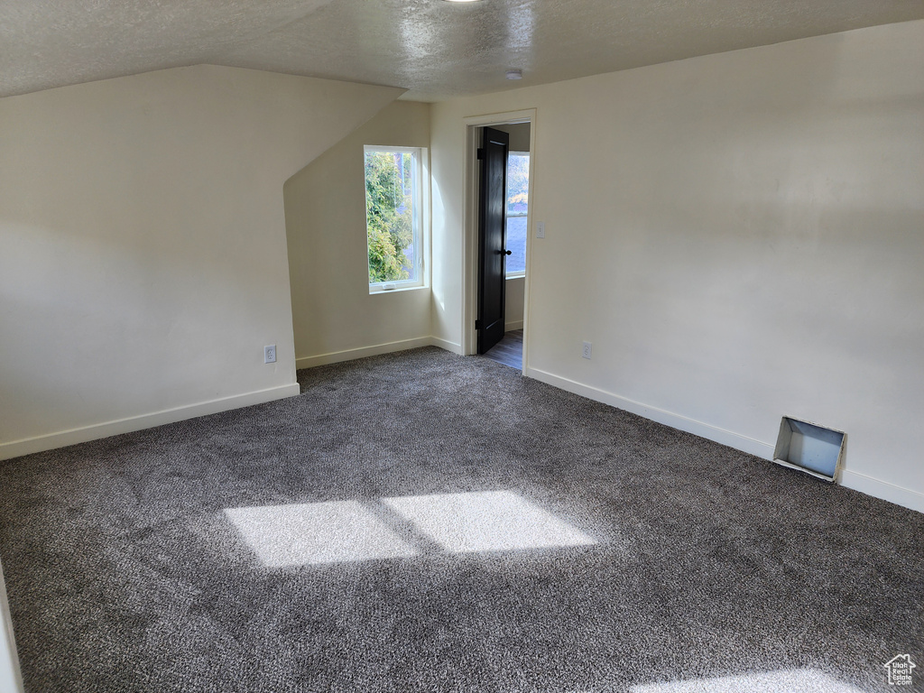 Additional living space with vaulted ceiling, dark carpet, and a textured ceiling