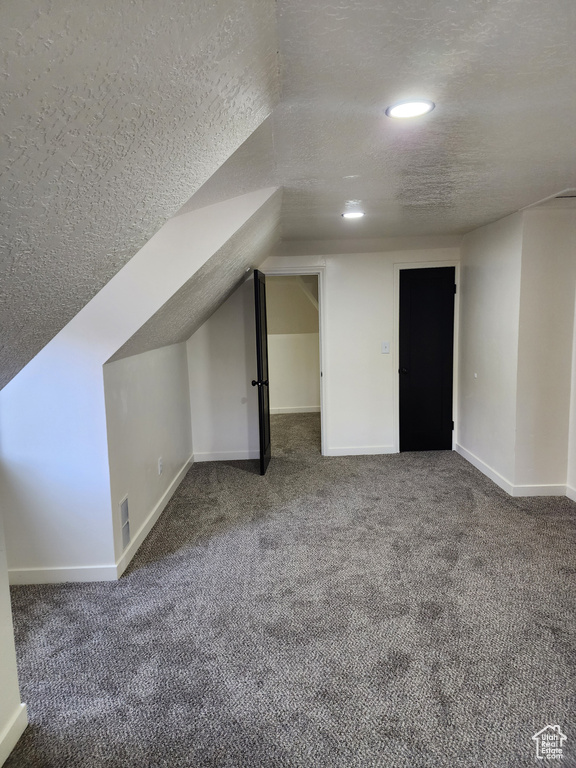 Additional living space featuring a textured ceiling, vaulted ceiling, and carpet