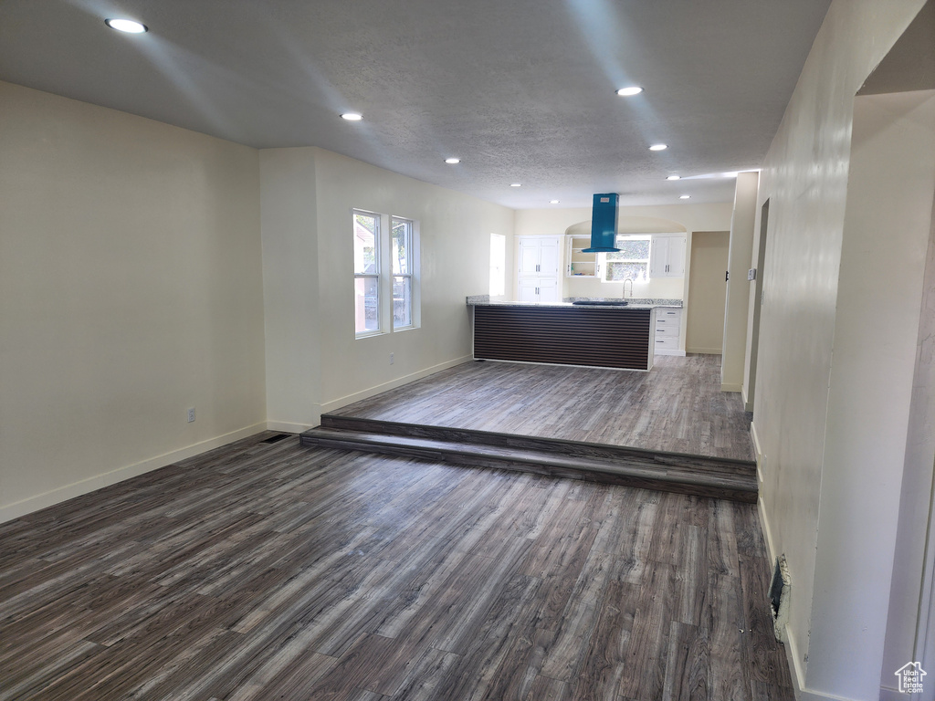 Unfurnished living room with dark wood-type flooring and sink