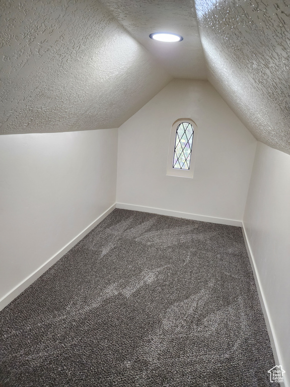 Bonus room featuring lofted ceiling, a textured ceiling, and carpet floors