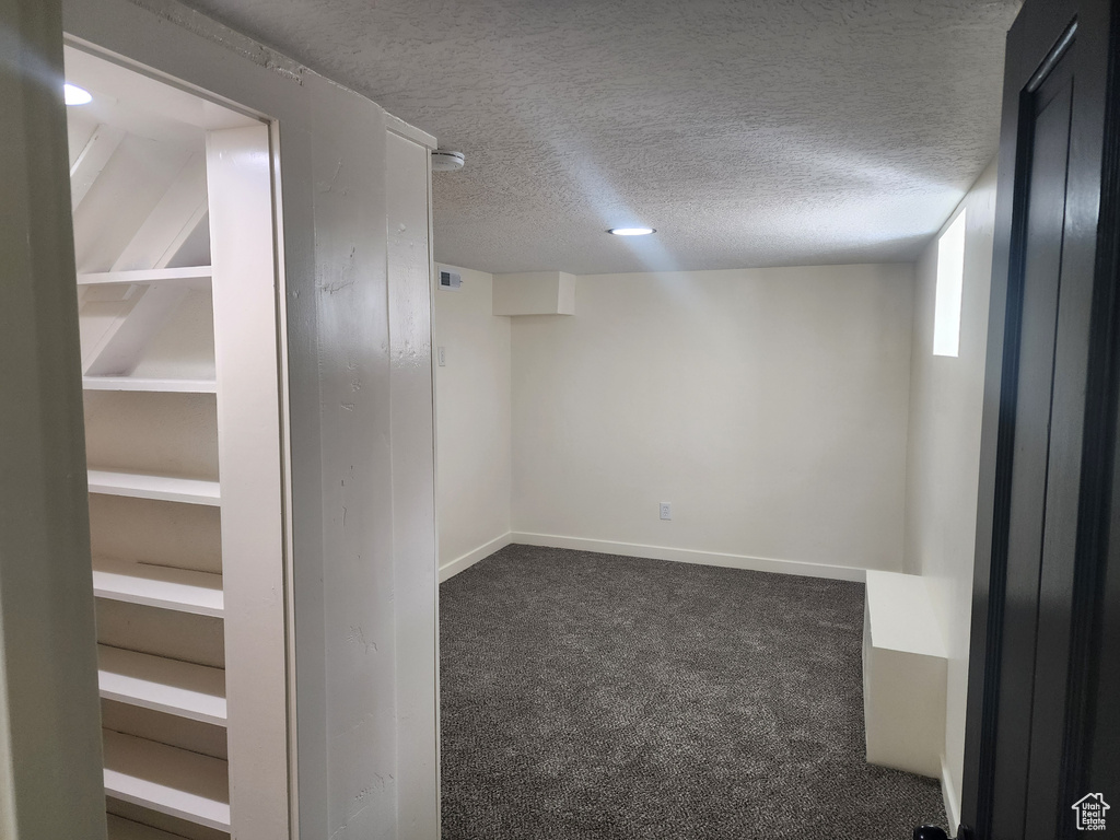 Basement with a textured ceiling and dark carpet