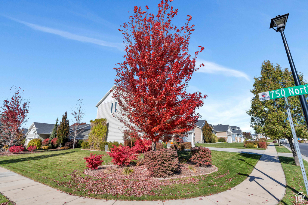 View of property\'s community with a garage and a yard