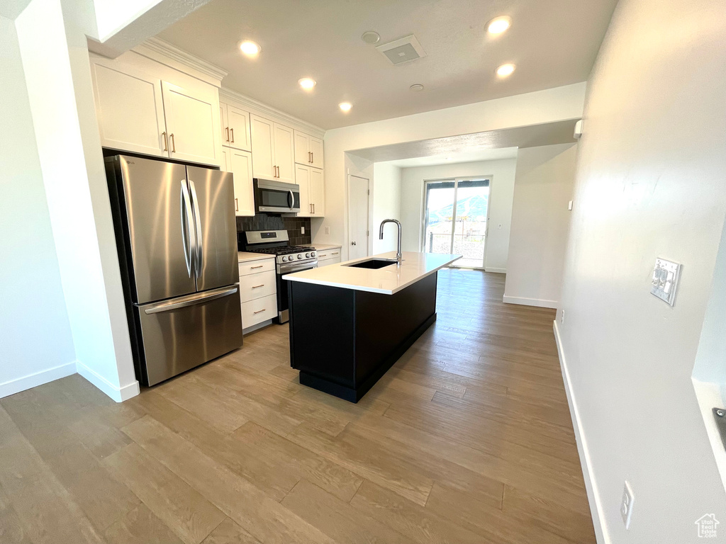 Kitchen with stainless steel appliances, light wood-style floors, decorative backsplash, light countertops, and a kitchen island with sink