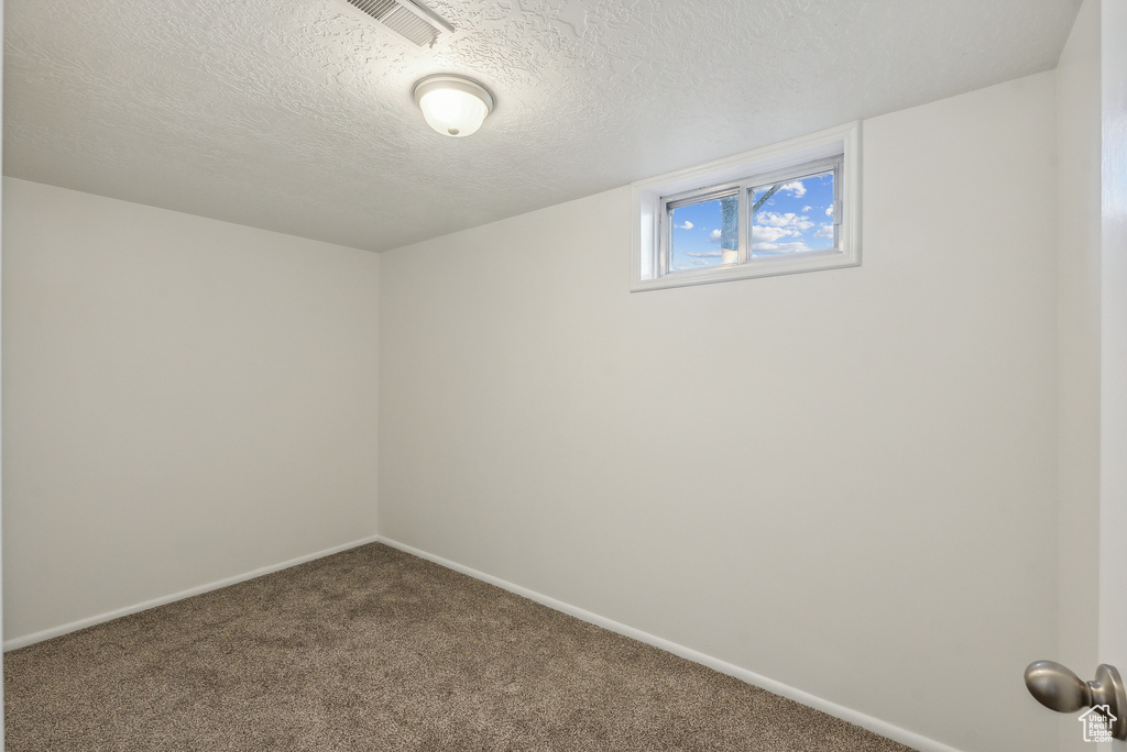 Basement featuring carpet flooring and a textured ceiling