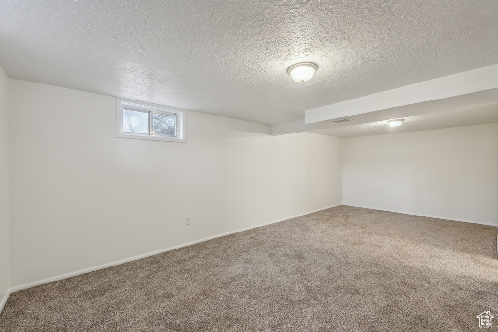 Basement featuring carpet and a textured ceiling