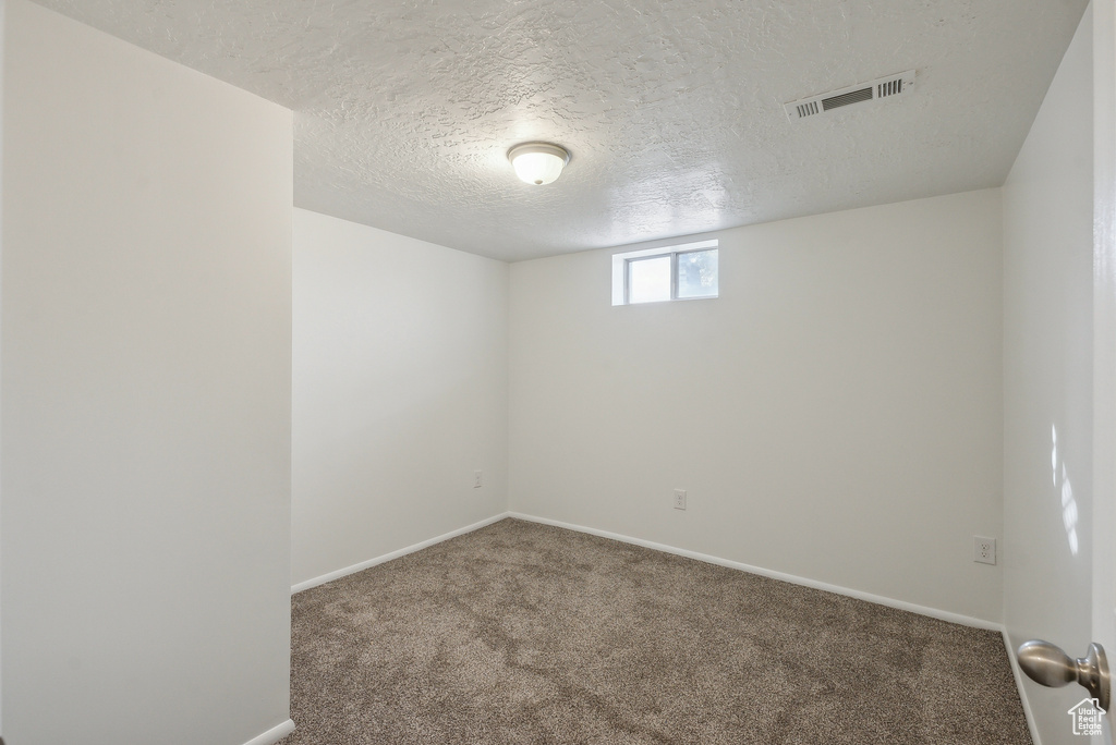 Unfurnished room with a textured ceiling and carpet