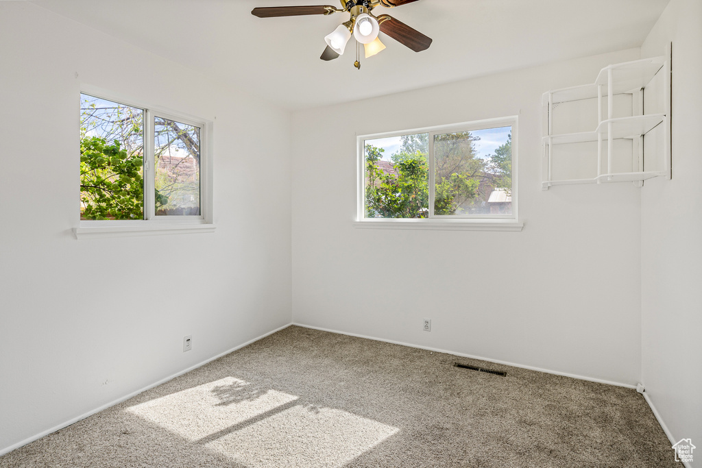 Spare room featuring ceiling fan, plenty of natural light, and carpet flooring