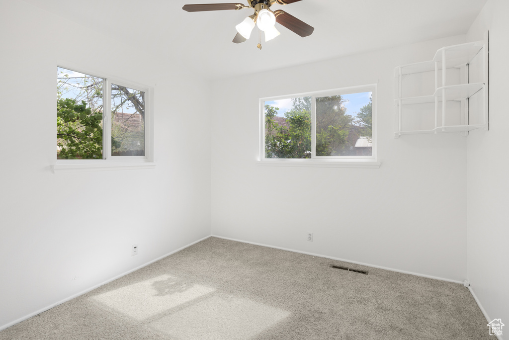 Carpeted empty room featuring a wealth of natural light, a ceiling fan, and baseboards