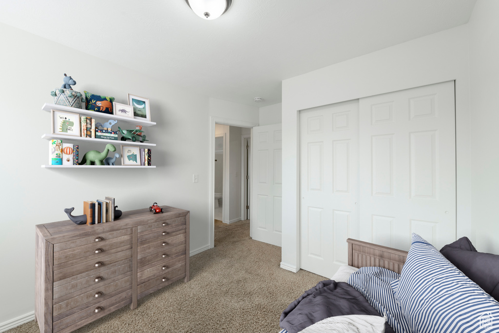 Carpeted bedroom with a closet