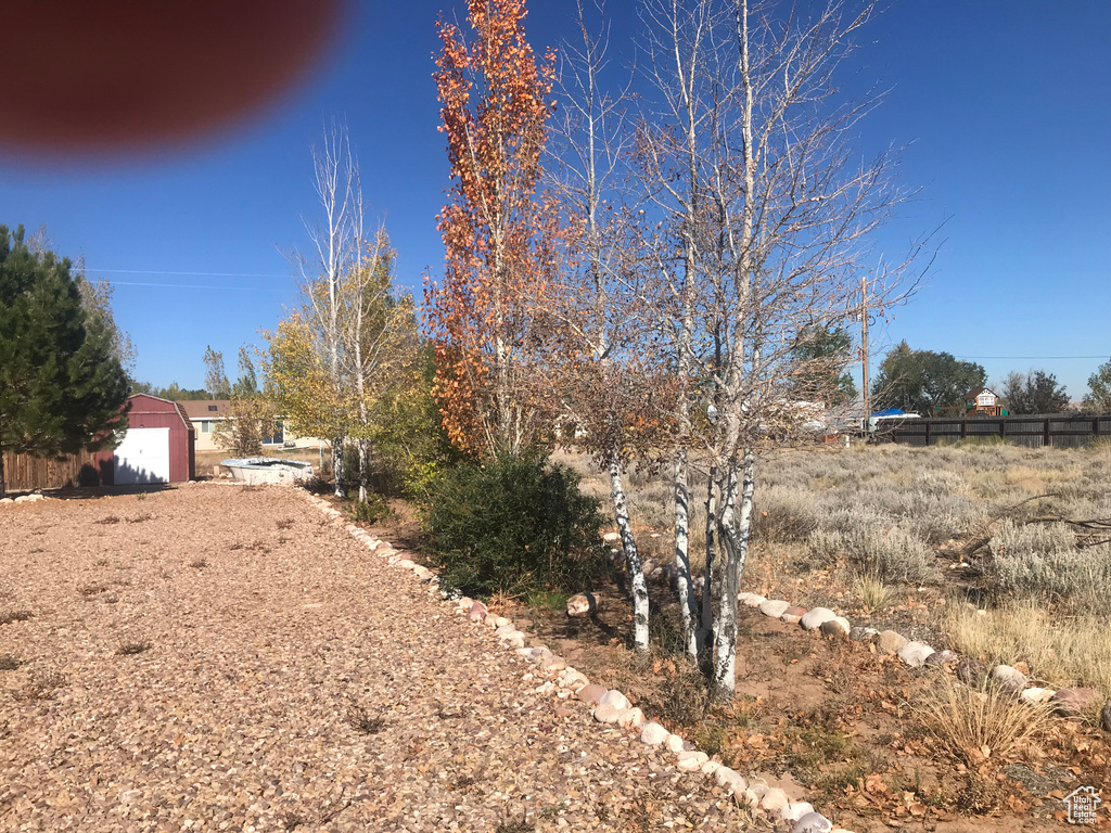 View of yard featuring a storage unit