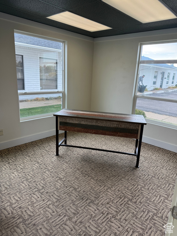 Misc room with light colored carpet, plenty of natural light, and a paneled ceiling